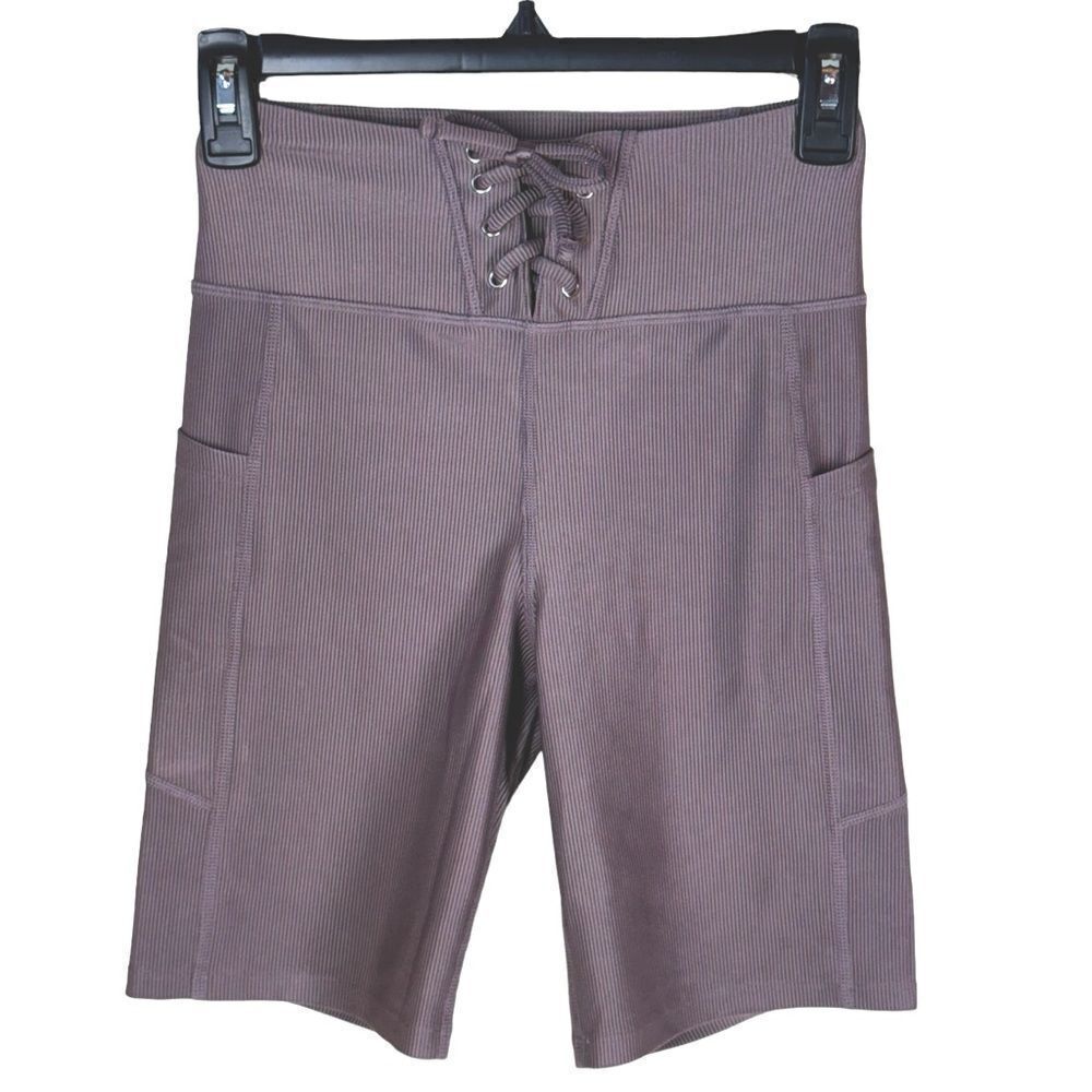 WalkPop Biker Short Lace Up Waist Ribbed Shiny Taupe Size XS Activewear Sporty